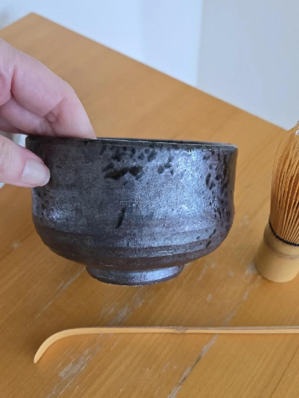 Handmade Dark Glazed Ceramic Matcha Tea Bowl with Bamboo Whisk